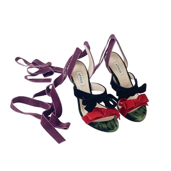ATTICO Size 38 US 8 Diletta Ankle Wrap Sandals Velvet Bow Tie High Heels Shoes - Picture 4 of 12